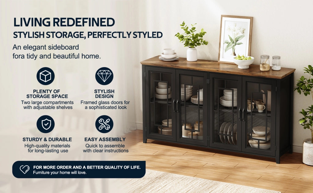 Sideboard da cucina 160 cm con ante in vetro, ampio spazio contenitivo e dispositivo antiribaltamento, nero