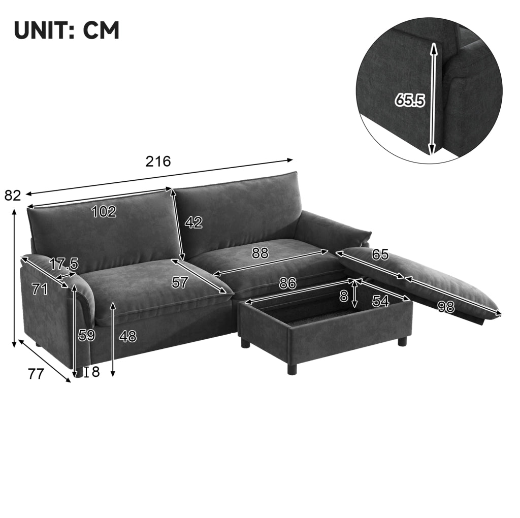 Divano modulare in ciniglia grigio con pouf contenitore 216 cm