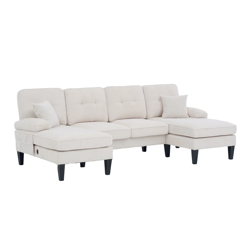 Divano a U 4 posti con doppia chaise longue; in tessuto effetto corda beige; 250x130x88 cm