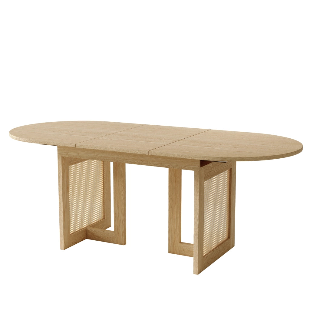 Tavolo da pranzo allungabile 120/160 x 80 cm, colore rovere, in MDF, con gambe effetto rattan