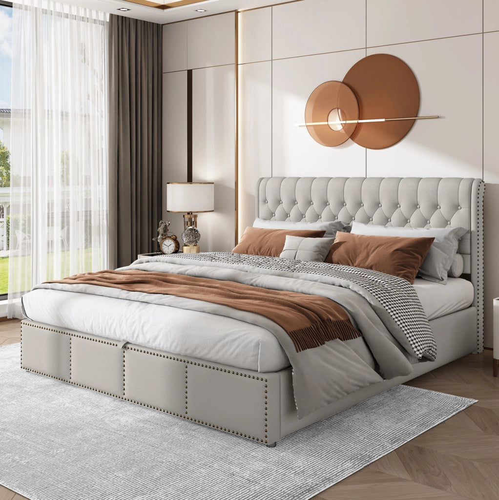 Letto matrimoniale 160x200 cm in lino grigio con contenitore; rete inclusa; senza materasso