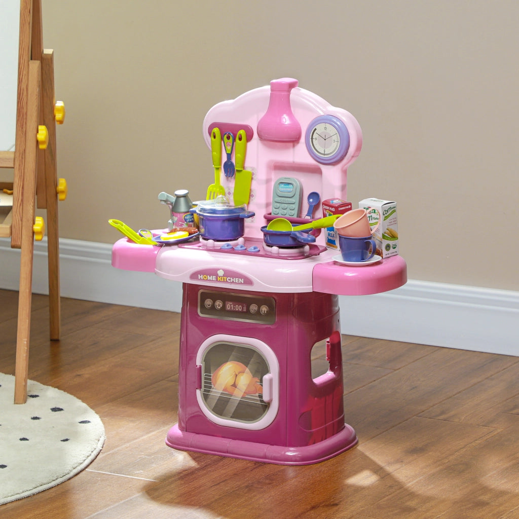 Cucina Giocattolo per Bambini 3-6 Anni con 38 Accessori e Suoni Realistici, in PP e ABS, 51x21x60 cm, Rosa