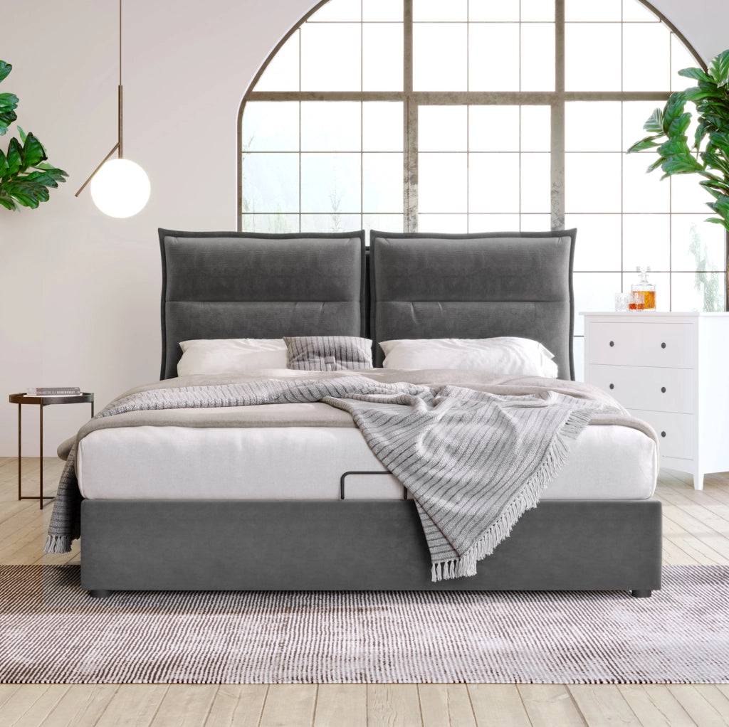 Letto imbottito 140x200 cm grigio con contenitore idraulico e testiera regolabile