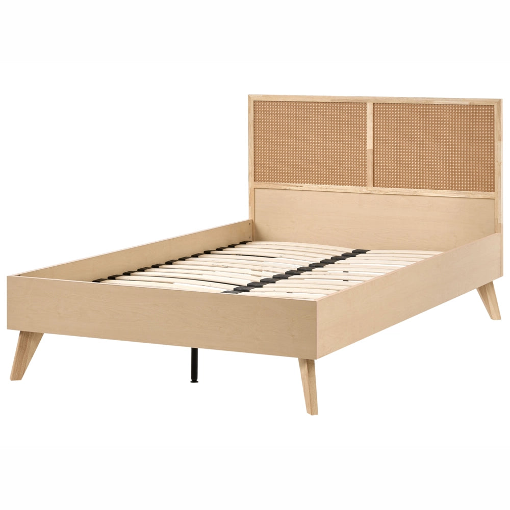 Letto matrimoniale in legno di gomma con testiera in vimini marrone chiaro 120 x 200 cm stile boho minimalista