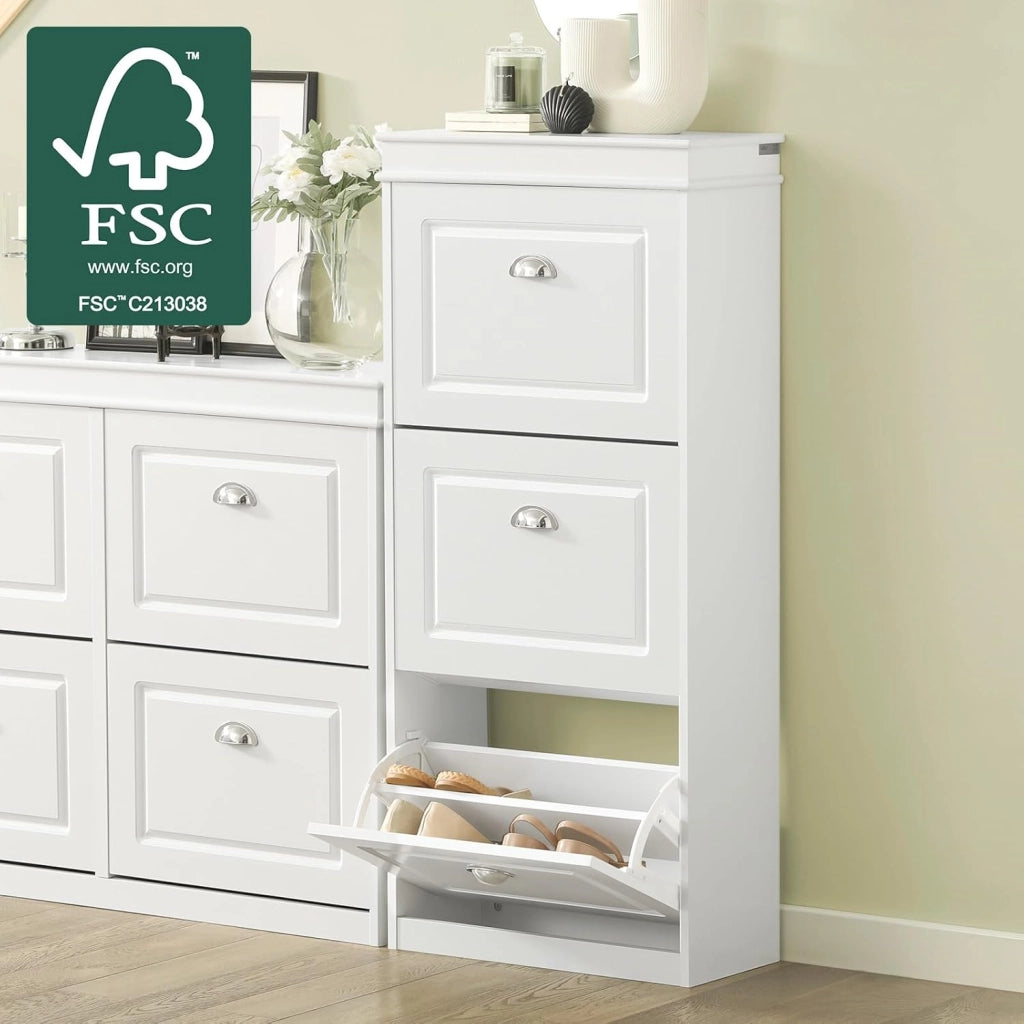 Scarpiera Salvaspazio Slim Legno - Mobiletto da Ingresso 3 Ante a Ribalta, Armadio Portascarpe Scarpiera Moderna per Ingresso, Corridoio o Camera da Letto 53x24x117cm Bianca FSR94-W