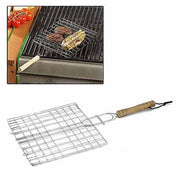 Trade Shop - Graticola Griglia Quadrata In Metallo 20x20cm Con Manico In Legno Per Barbecue -