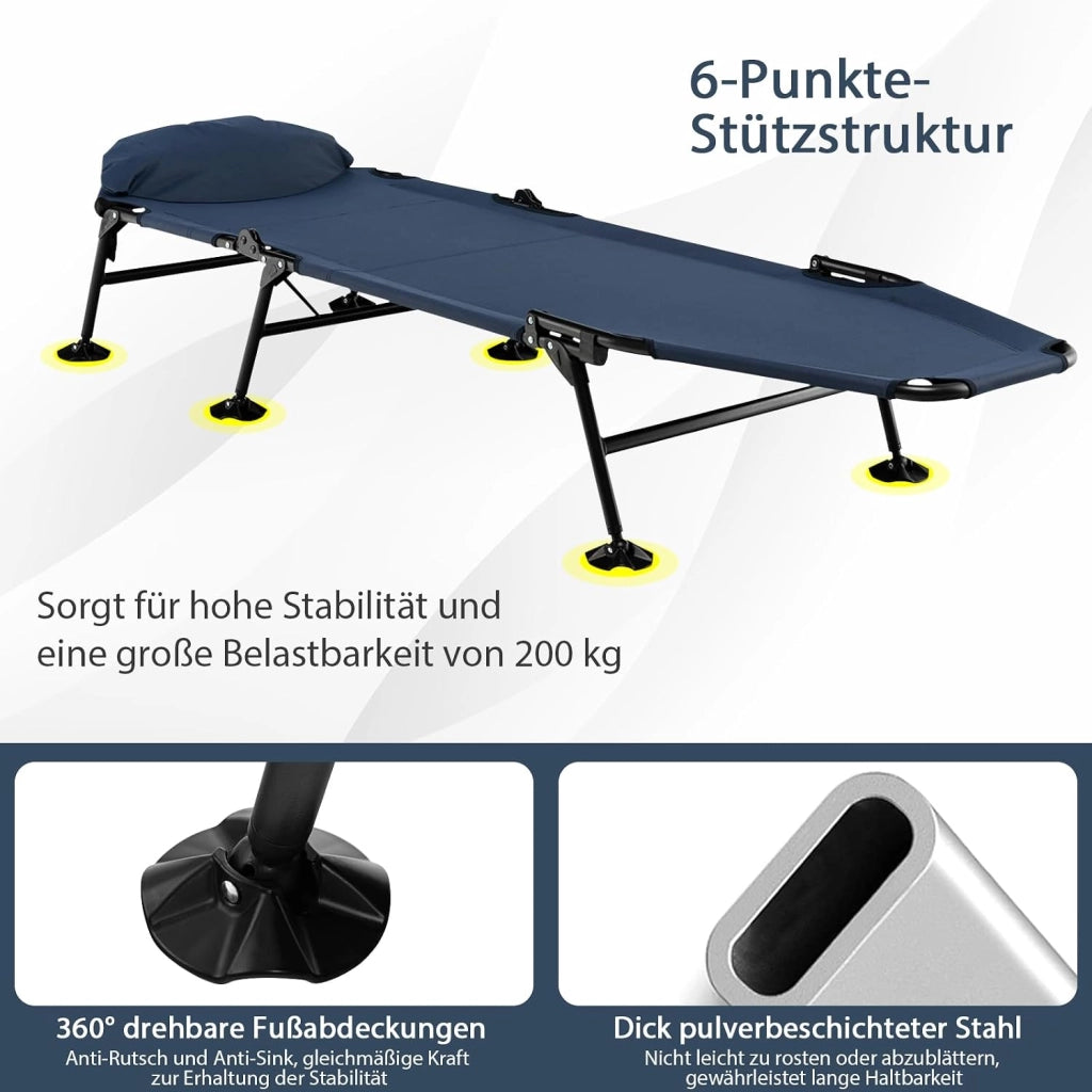 SOARS Sdraio pieghevole alla carpa con schienale regolabile in 6 posizioni, cuscino e materasso, lettino da campeggio a 6 gambe con grandi piedi di fango fino a 200 kg, portata 194 x 66 x 29 cm
