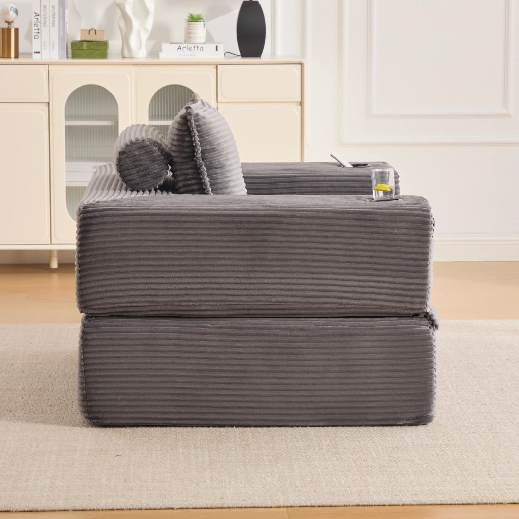 Divano letto modulare in velluto a coste grigio scuro con portabevande; 122x98 cm