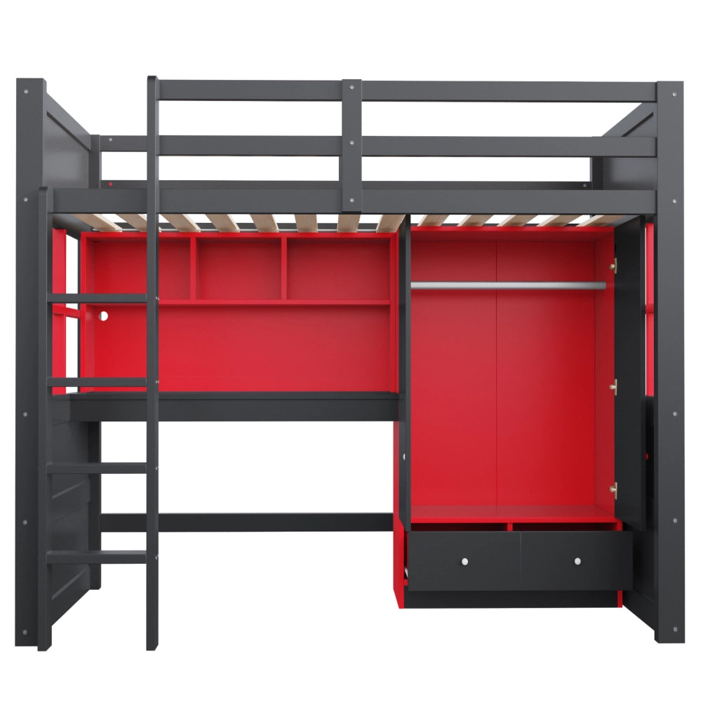 Letto a soppalco ULEVR 90x200 cm con scrivania, armadio, cassetti, LED e prese, nero e rosso