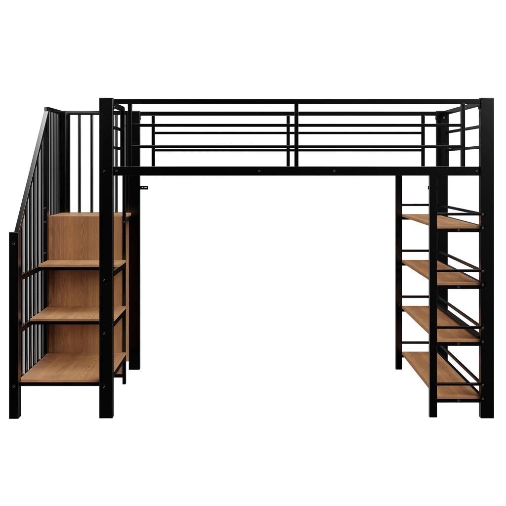 OKWISH Letto a Soppalco 90×200 cm, Letto Singolo con Scala Contenitore, Armadio e Mensole, senza Materasso, in Metallo, Nero