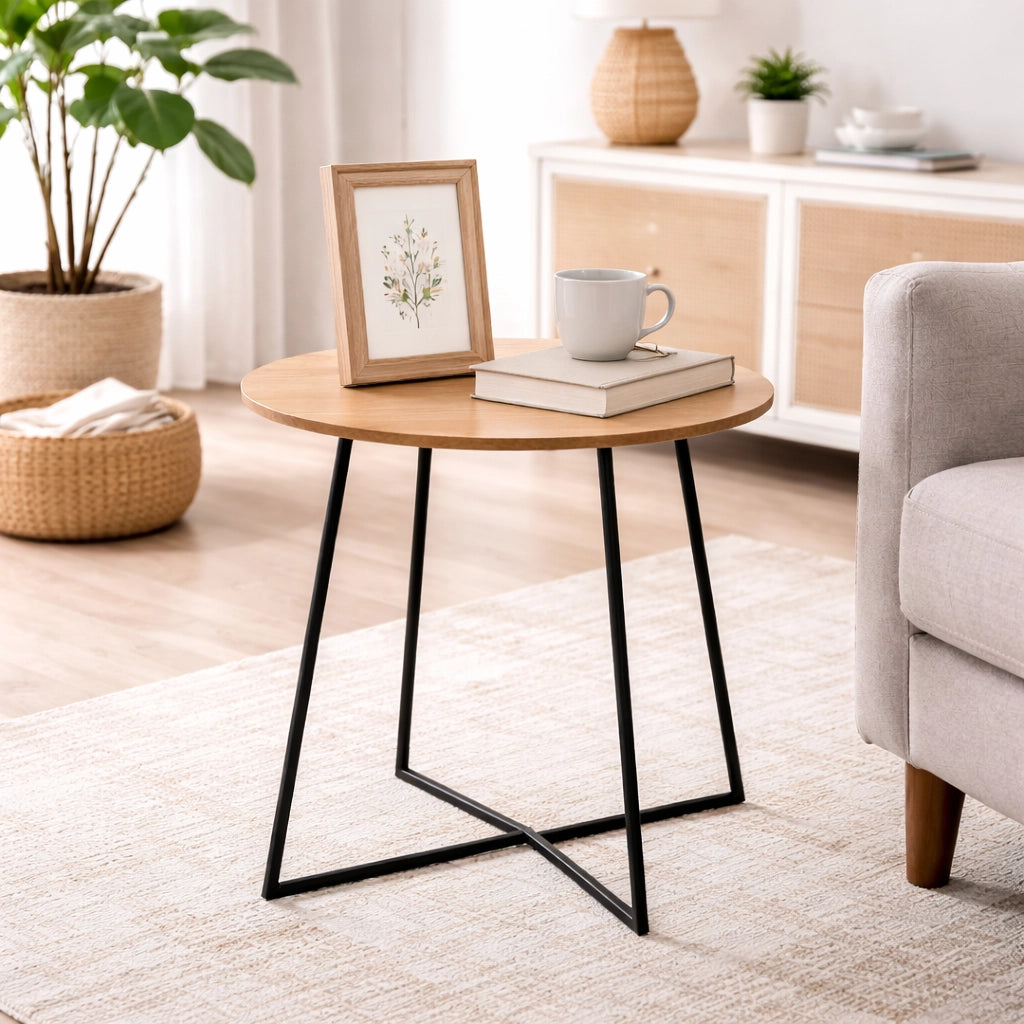 Tavolino da Salotto Tondo 40x40 Moderno Struttura Metallo Nero Piano in Legno