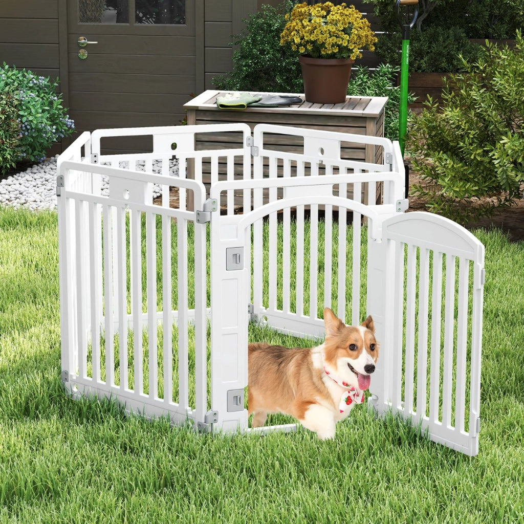 81 cm Recinto per cani a 6 pannelli con porta di bloccaggio e picchetti da terra, Casa per cani medi e piccoli Bianco-Cancelli
