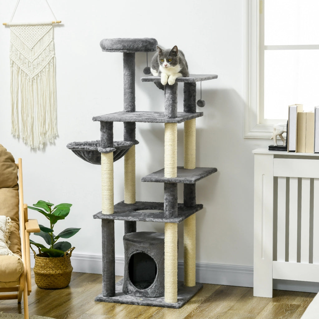Torre per Gatti con Posti per Graffiare e Cuscino ¨C Zephmum ¨C Grigio 49x49x144 cm