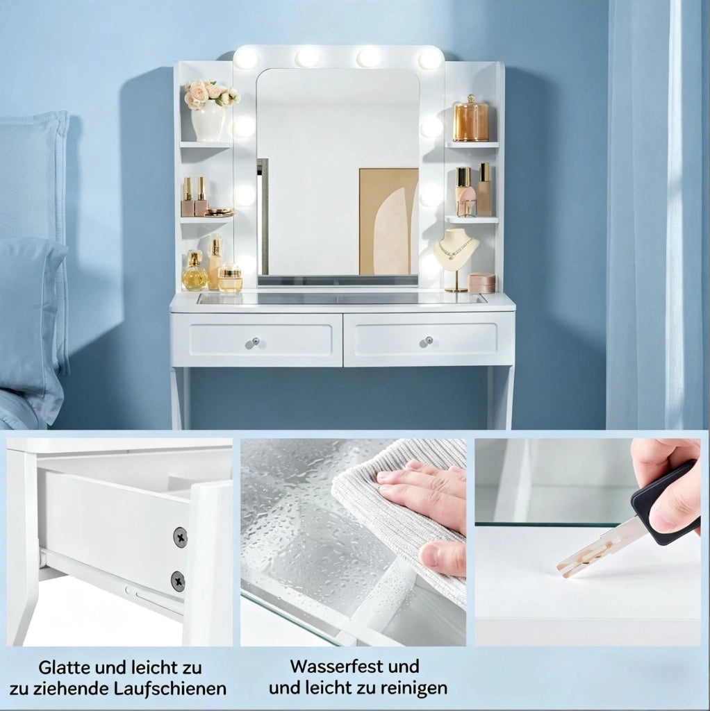 Tavolo da trucco con specchio LED e piano in vetro temperato 80x135x40 cm; bianco