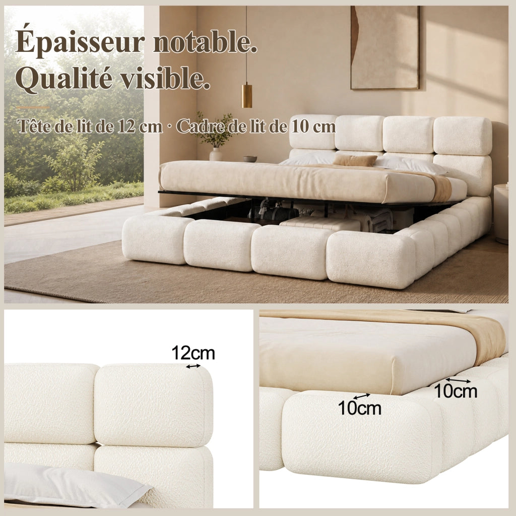 Letto matrimoniale contenitore imbottito 200x200 cm design nuvola bubble con ampio vano; bouclé bianco