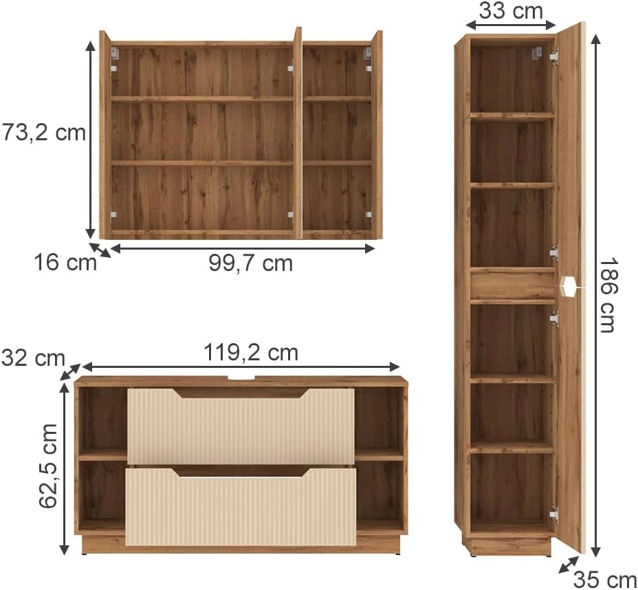 Set di mobili da bagno Lotta, Rovere/cashmere a righe, 3 parti