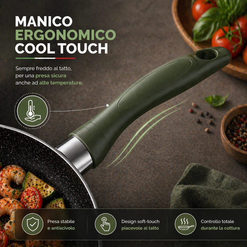 Tris Padelle Natura Più Verde da 20/24/28cm Manico Cool Touch Fondo Antiaderente