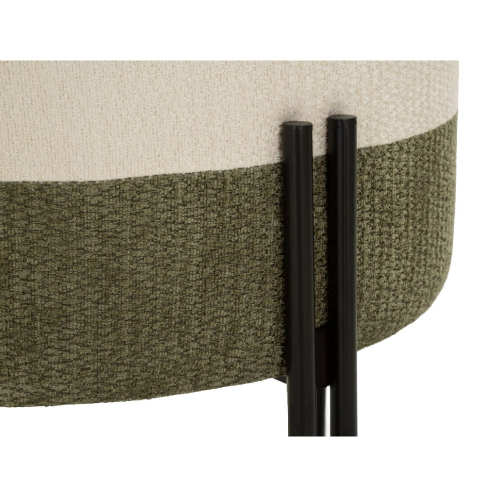 Pouf moderno bicolore crema e verde con struttura in ferro nero