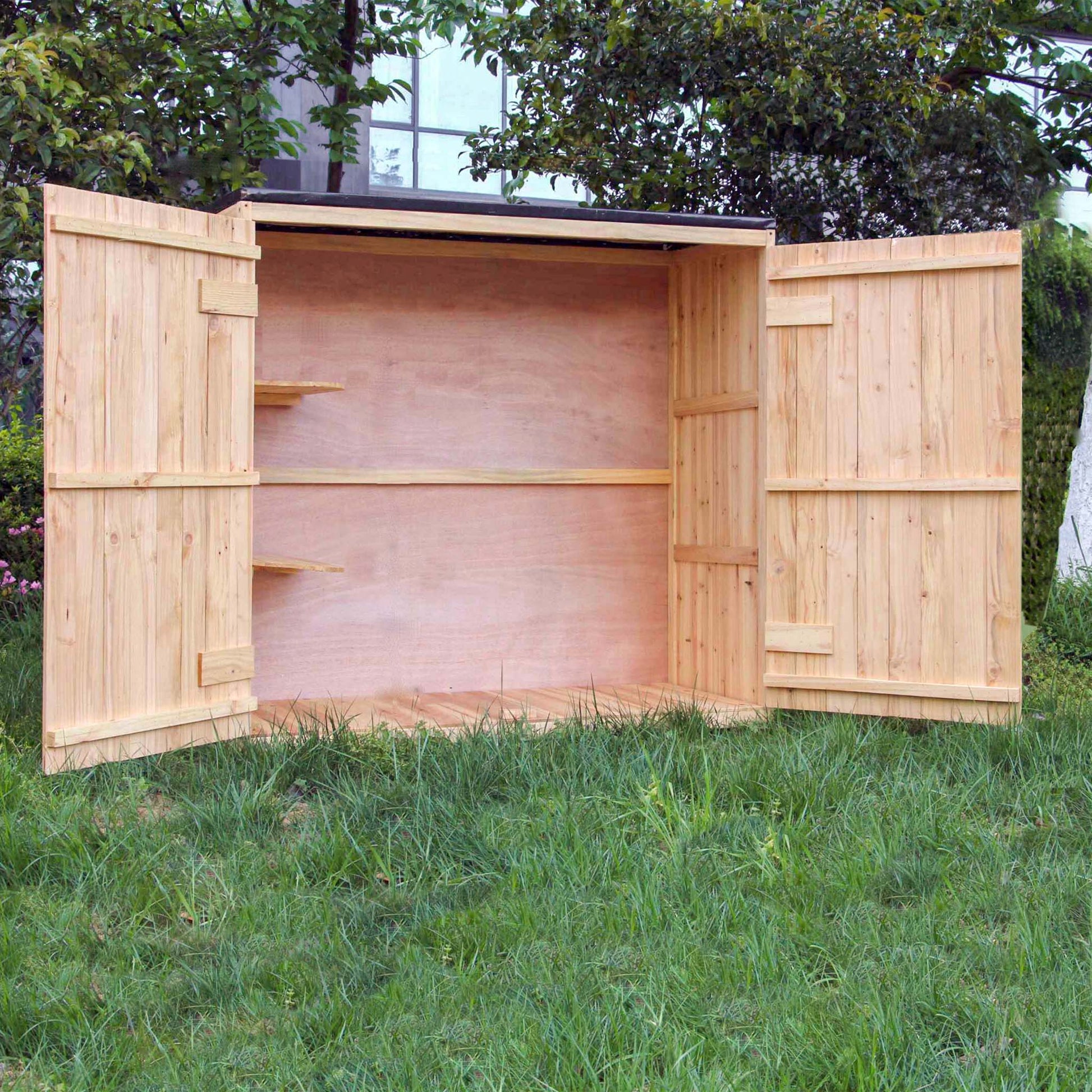 Casetta porta attrezzi da giardino in legno color naturale, 136 x 127 x 58 cm, armadio da esterno a due ante, capanno per utensili e strumenti