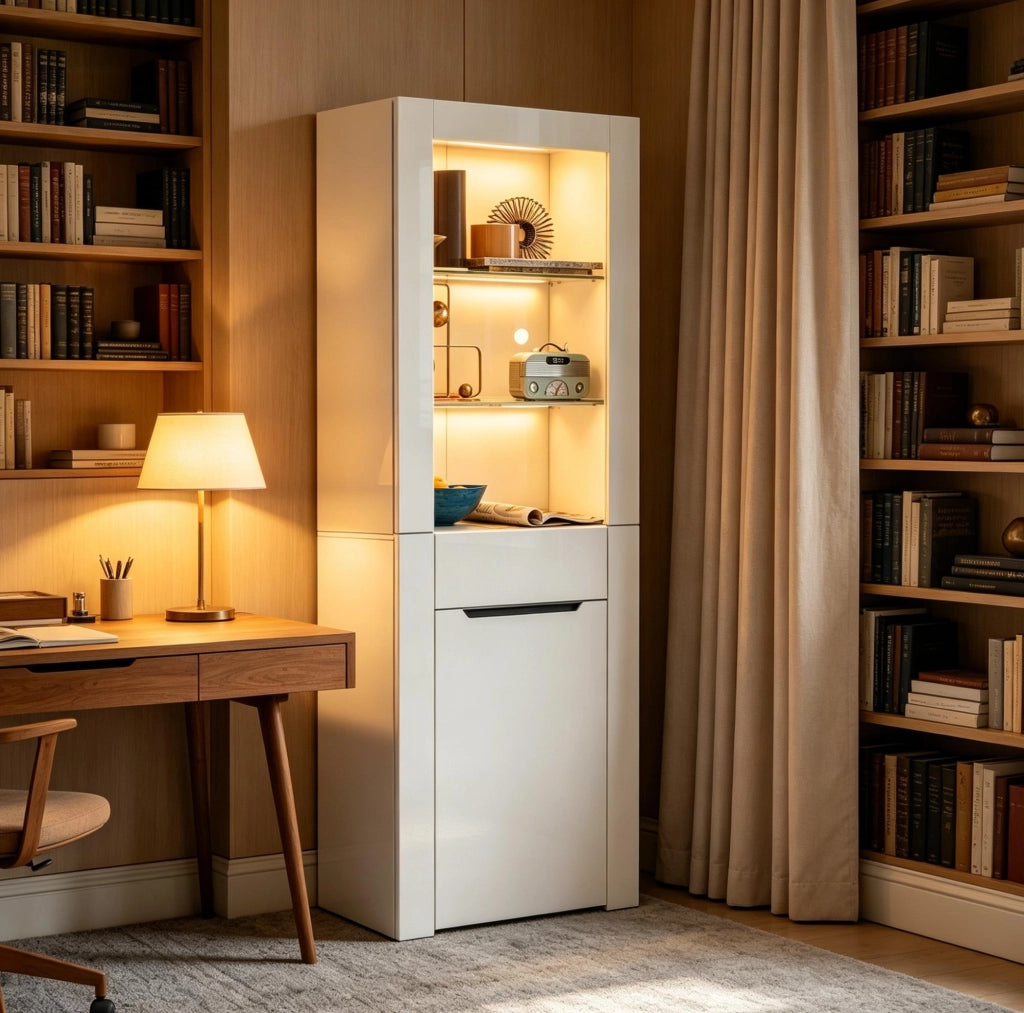 Vetrina moderna con LED; 60 x 35;5 x 165 cm; in truciolare bianco