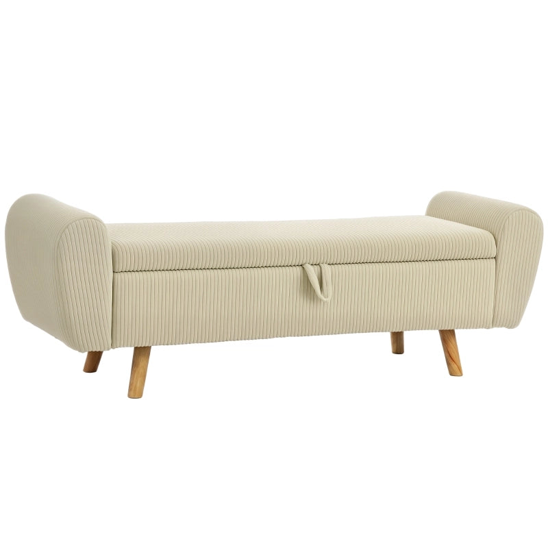 Panca contenitore in velluto a coste con braccioli arrotondati e piedini in legno beige per camera da letto 150 cm