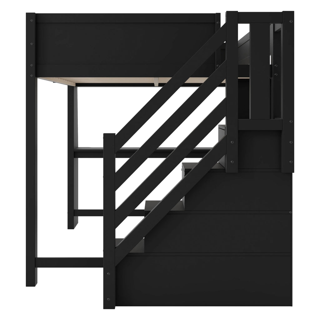 Letto a soppalco 140x200 cm con scrivania; LED e scala con contenitore in MDF e compensato nero