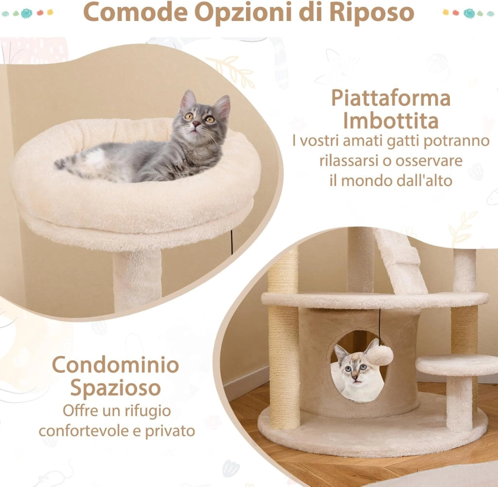 Albero per Gatti Adulti, Torre per Gatti Alta 101 cm con Condominio, Piattaforma Imbottita, Tiragraffi, Pallina di Peluche Pendente e Scala, Albero Tiragraffi in Legno per Interno (Bianco)