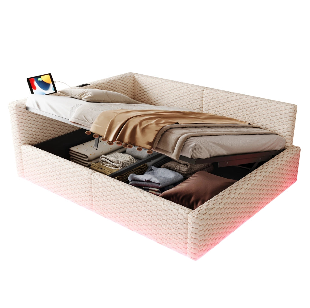Letto matrimoniale 140x200 cm con contenitore; LED; USB e USB-C in velluto beige
