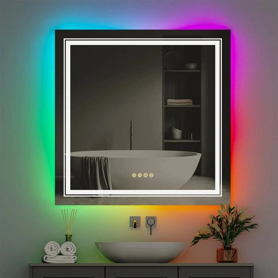 Specchio Bagno Moderno - Colori RGB - Illuminazione a LED Dimmerabile - Specchio Anticondensazione - Resistenze alle Scalfitture - 80x80cm