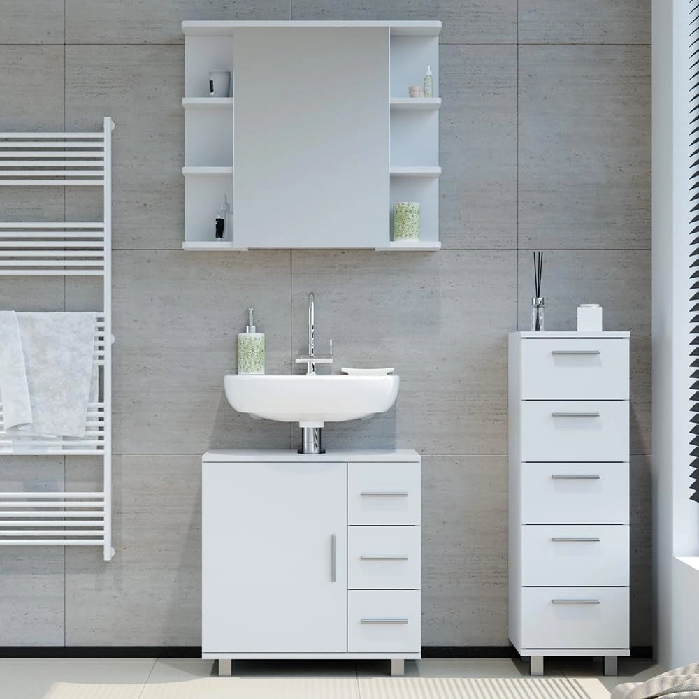 Set mobili bagno Ilias, Bianco, 60 cm, composto da mobile sottolavabo, specchiera e mobile medio