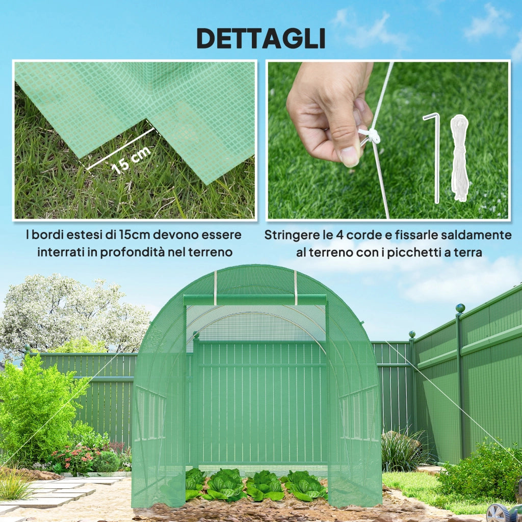 Serra da Giardino Tunnel ¨C zephmum ¨C Verde, PE e Metallo, 3.5x2x2m con 6 Finestre