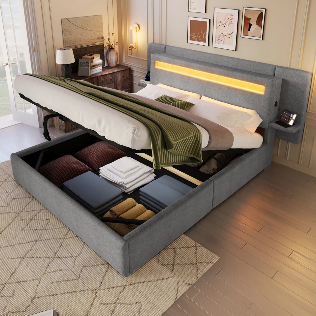 Letto imbottito 140x200 cm; letto contenitore con sollevamento idraulico; lino grigio