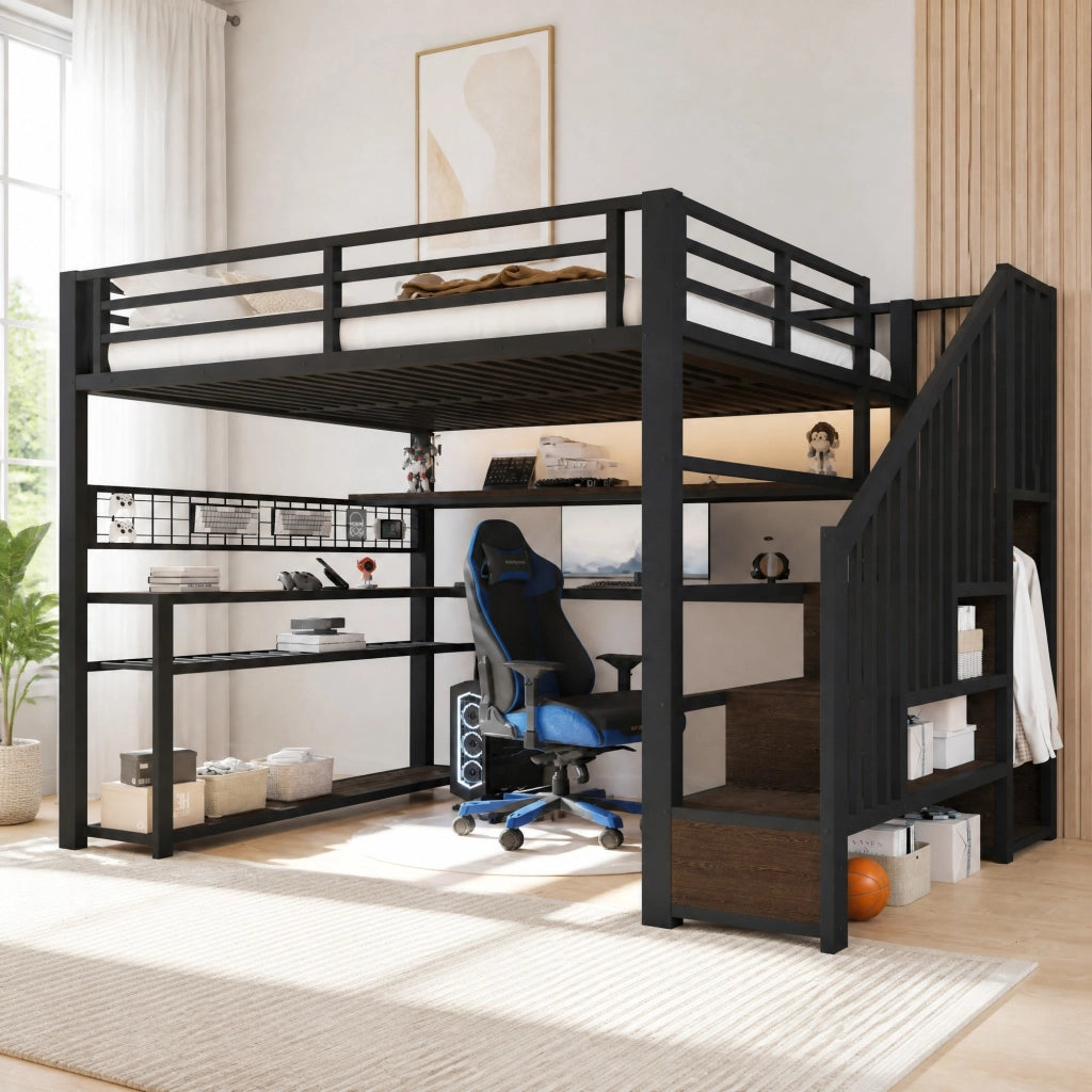 LETTO a soppalco gaming 140x200 cm MDF e metallo nero con LED, scrivania e armadio