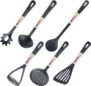 Set di accessori da cucina - 6 pezzi - comprensivo di spatola, stampo patate, cucchiaio da impasto, cucchiaio da schiuma, cucchiaio da spaghetti, cucchiaio da mescolare - Made in Germany - accessori da cucina pratici (nero)