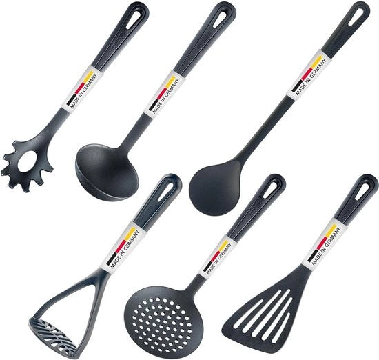 Set di accessori da cucina - 6 pezzi - comprensivo di spatola, stampo patate, cucchiaio da impasto, cucchiaio da schiuma, cucchiaio da spaghetti, cucchiaio da mescolare - Made in Germany - accessori da cucina pratici (nero)