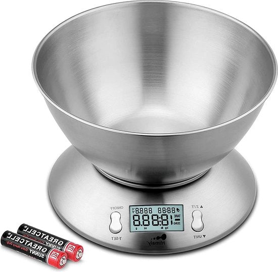 Ponderatore elettronico da cucina 5 kg - acciaio inossidabile con contenitore rimovibile - cottura e preparazione - funzione tappo - display LCD con spegnimento automatico