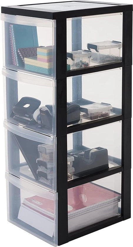 Scaffale a Rotelle con Organizzatore in Plastica e Maniglia Ergonomica 15L 4 Piani con Ruote BPA Inoffensivo Camera da Letto Soggiorno Salotto DC-304 Nero con Maniglia e Ruote