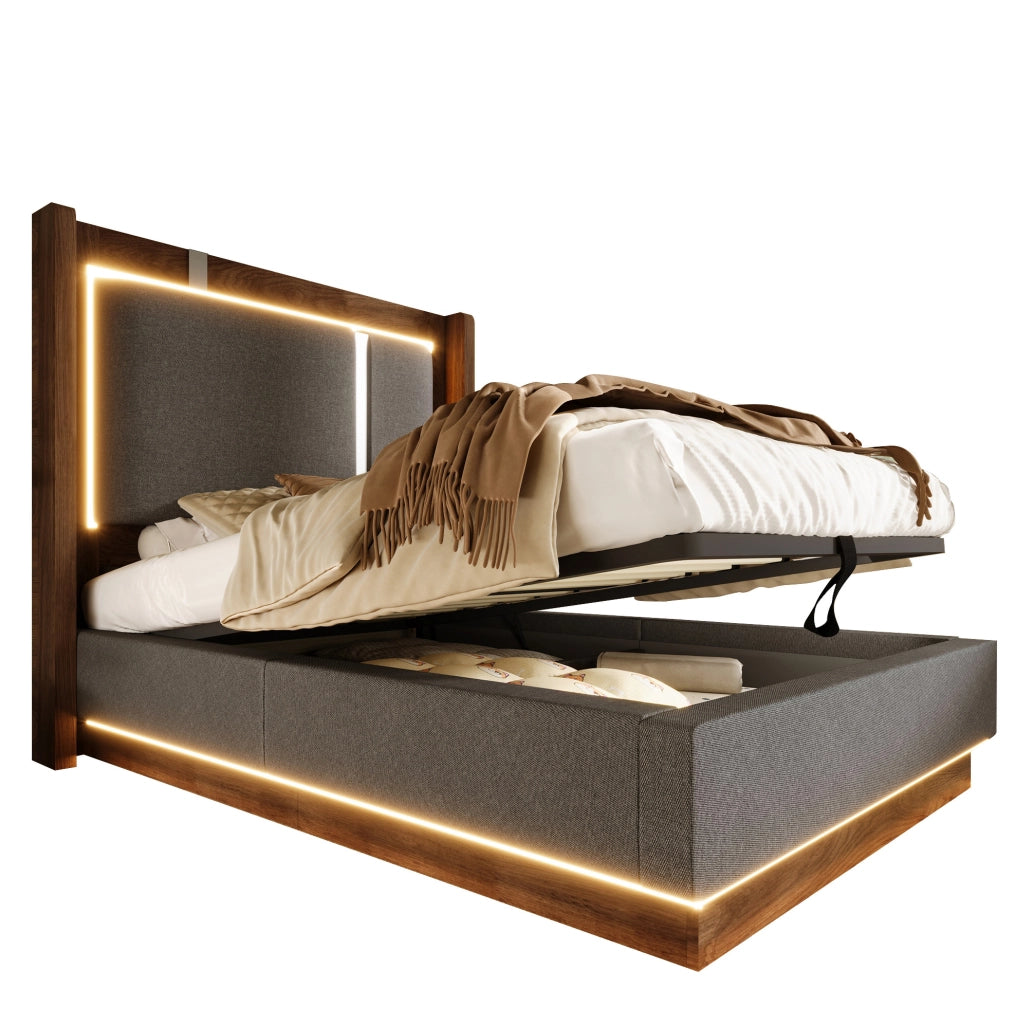 Letto imbottito 90x200 con LED, vano contenitore e rete a doghe