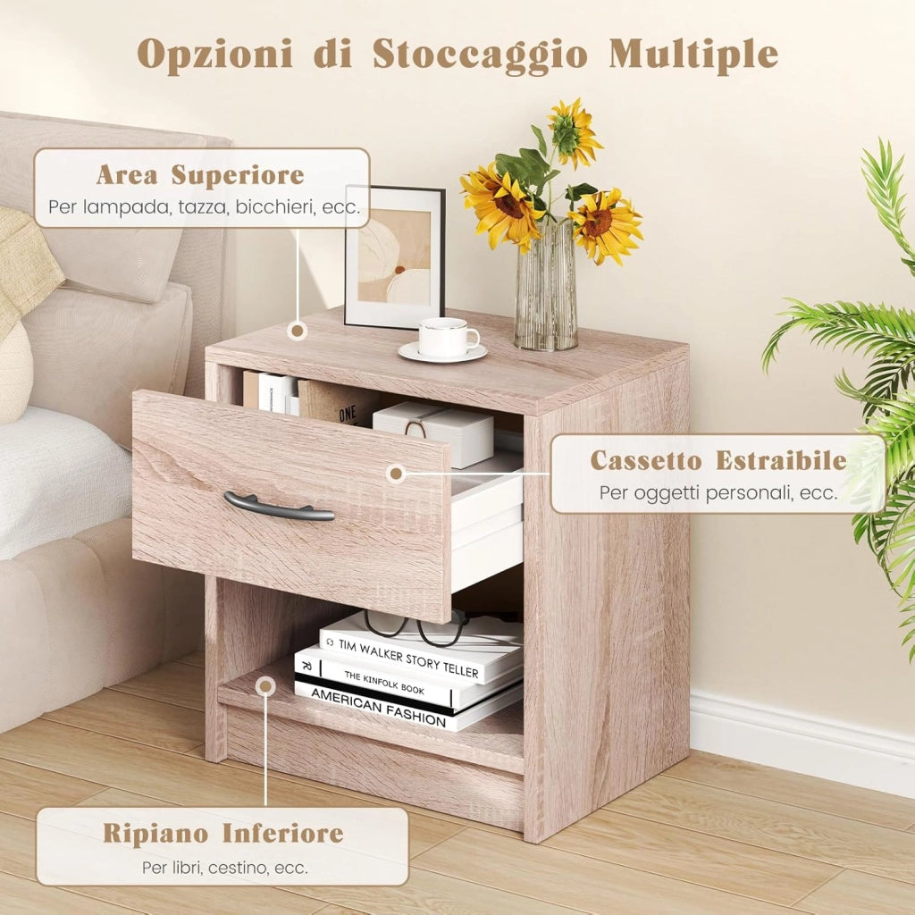 COSTWAY Comodino 38,5 x 28 x 40,5cm in Legno, Tavolino Salvaspazio con Scomparto Aperto e Casseto per Soggiorno e Camera da Letto (Naturale)