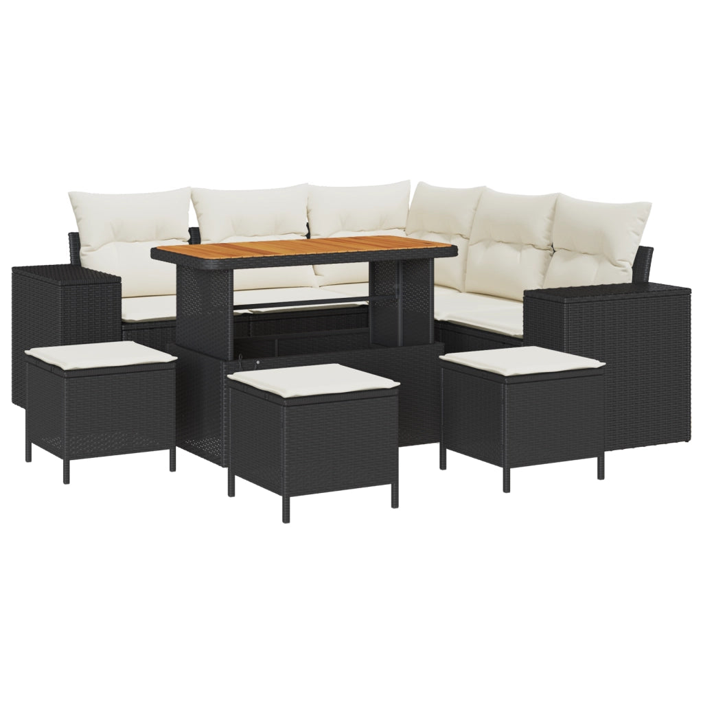 Set Divani Giardino  9 Pezzi con Cuscini Nero Polyrattan Acacia