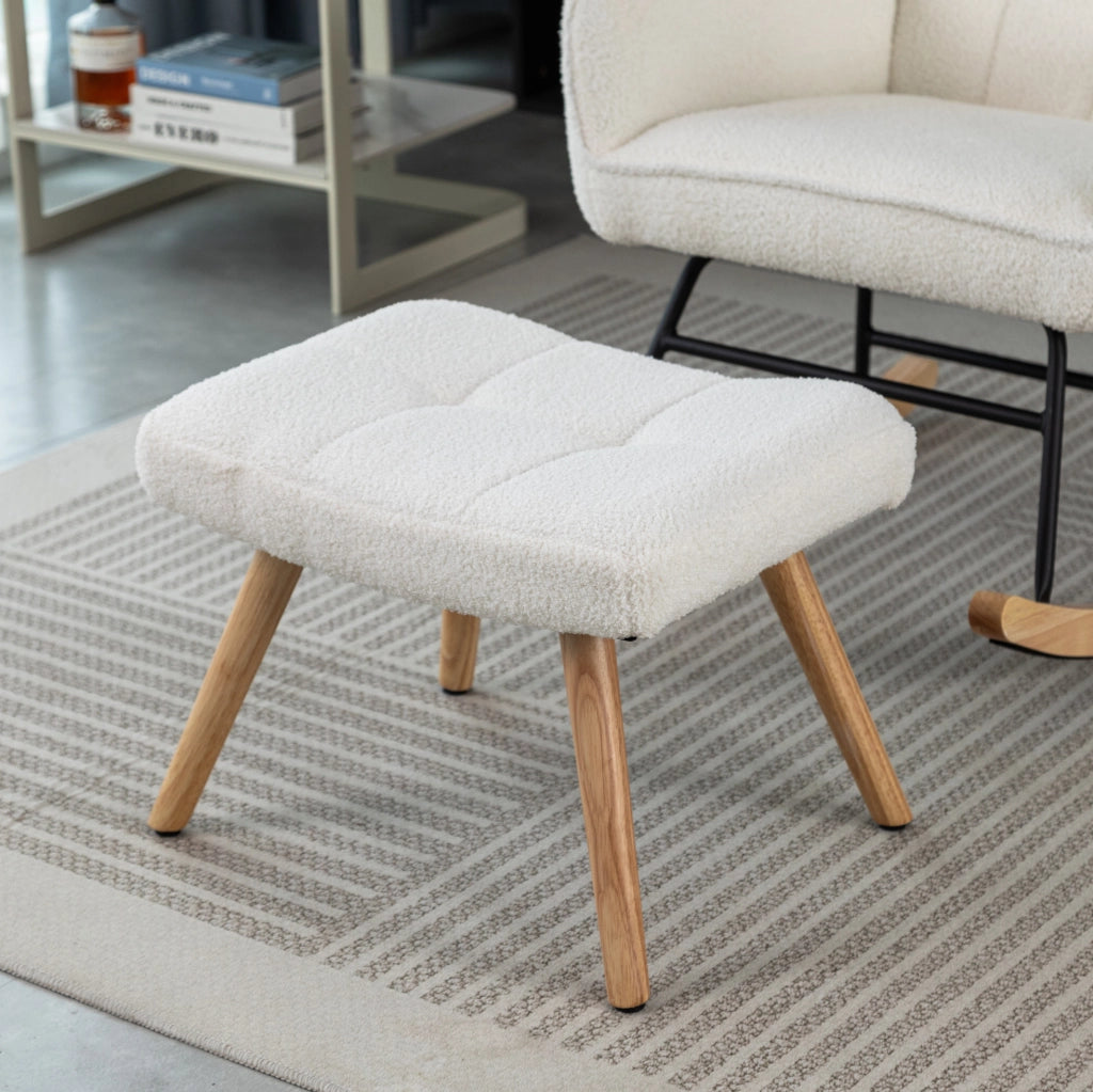 Poltrona a dondolo 92 cm bianca in bouclé con cuscino e poggiapiedi， 250 lbs