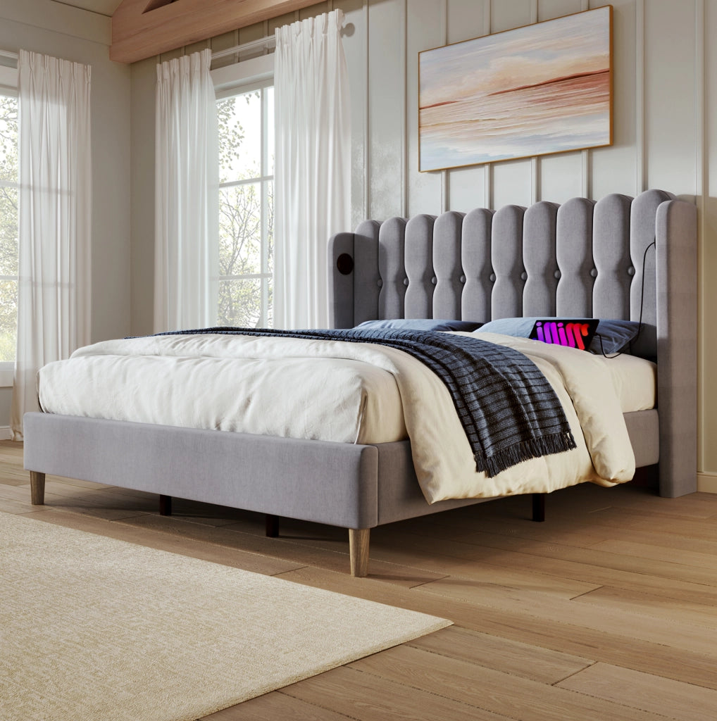 Letto imbottito grigio 140x200 cm con USB e Tipo C, materasso incluso