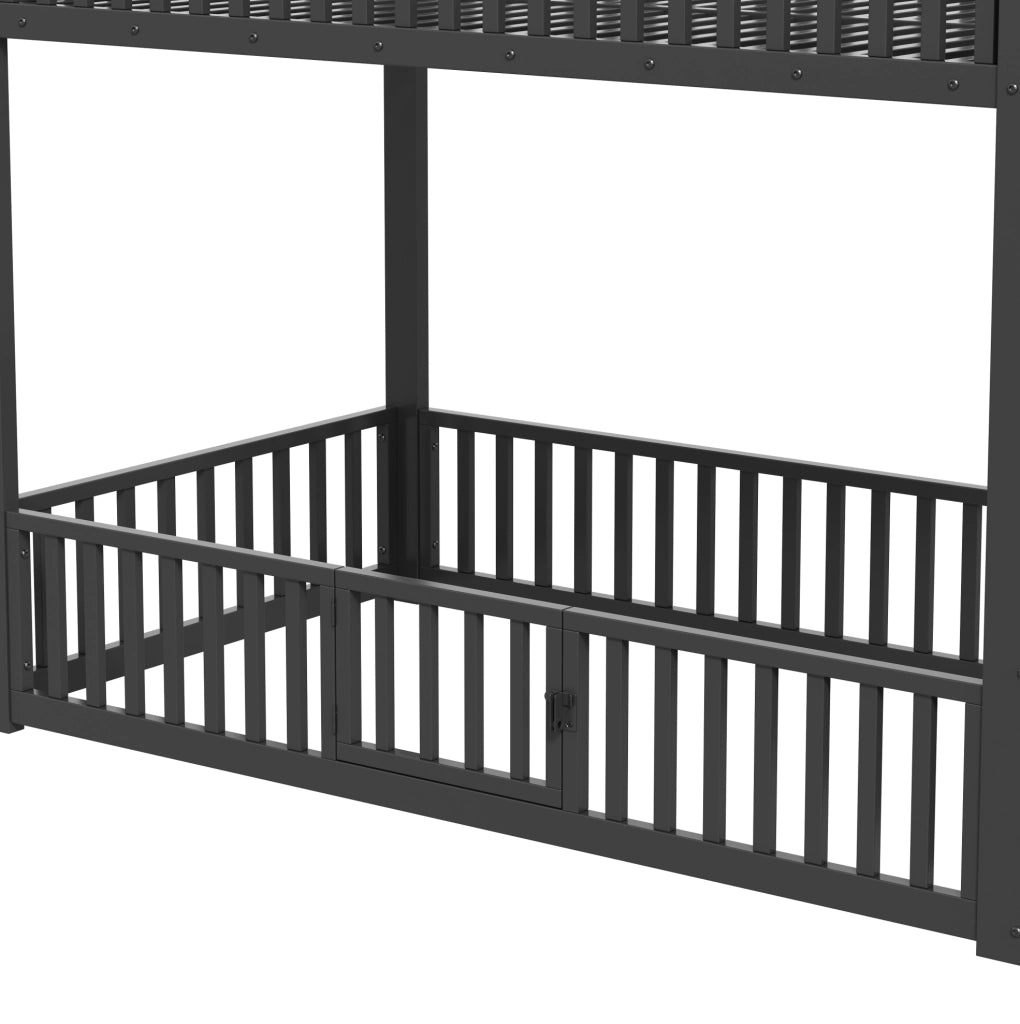 Letto a castello basso 90x200 cm con LED e scala contenitore in MDF e metallo nero