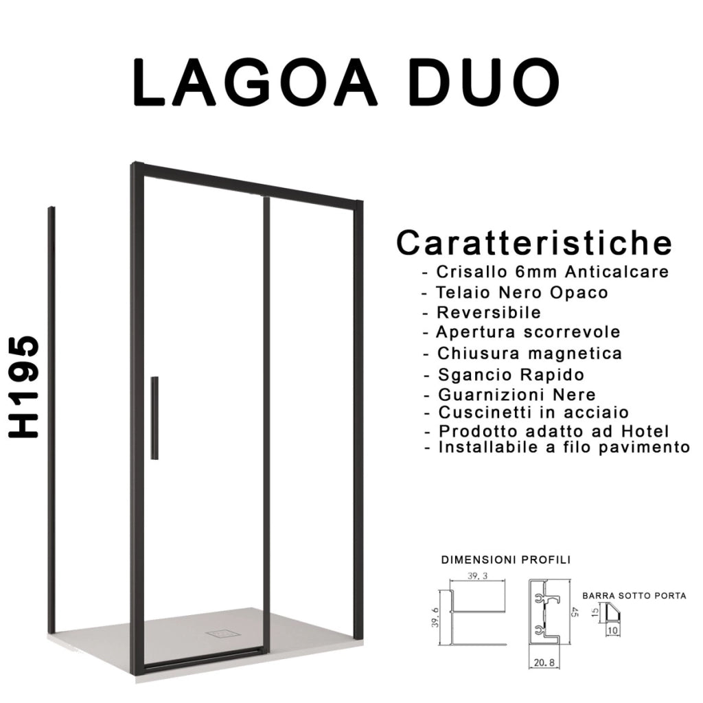Box doccia due lati con profili neri scorrevole cristallo 6mm h195 lagoa duo, misura 70x110