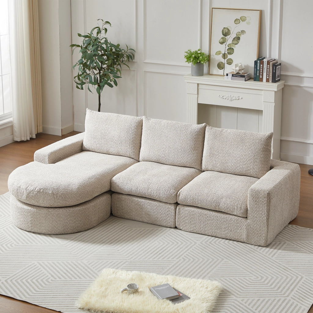 Divano modulare angolare reversibile con cuscini cervicali e schiuma ad alta densità in Chenille Beige