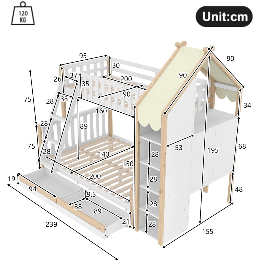 Letto a castello per bambini 90x200 cm + 140x200 cm con scala; 2 cassetti e contenitori; bianco e naturale