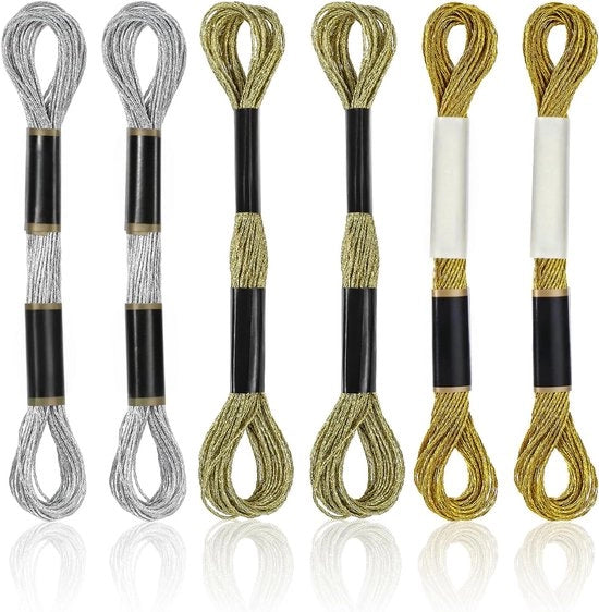 Set di fili metallici per broderia con glitter, argento e oro - Per broderia a mano e punto croce - 6 fili