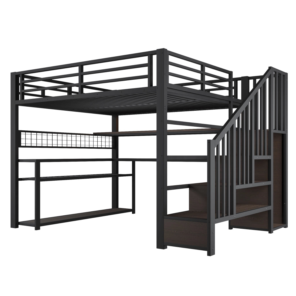 Letto a Soppalco 140x200 cm; Letto Singolo - LED RGB; Scrivania; Armadio e Contenitore - Nero