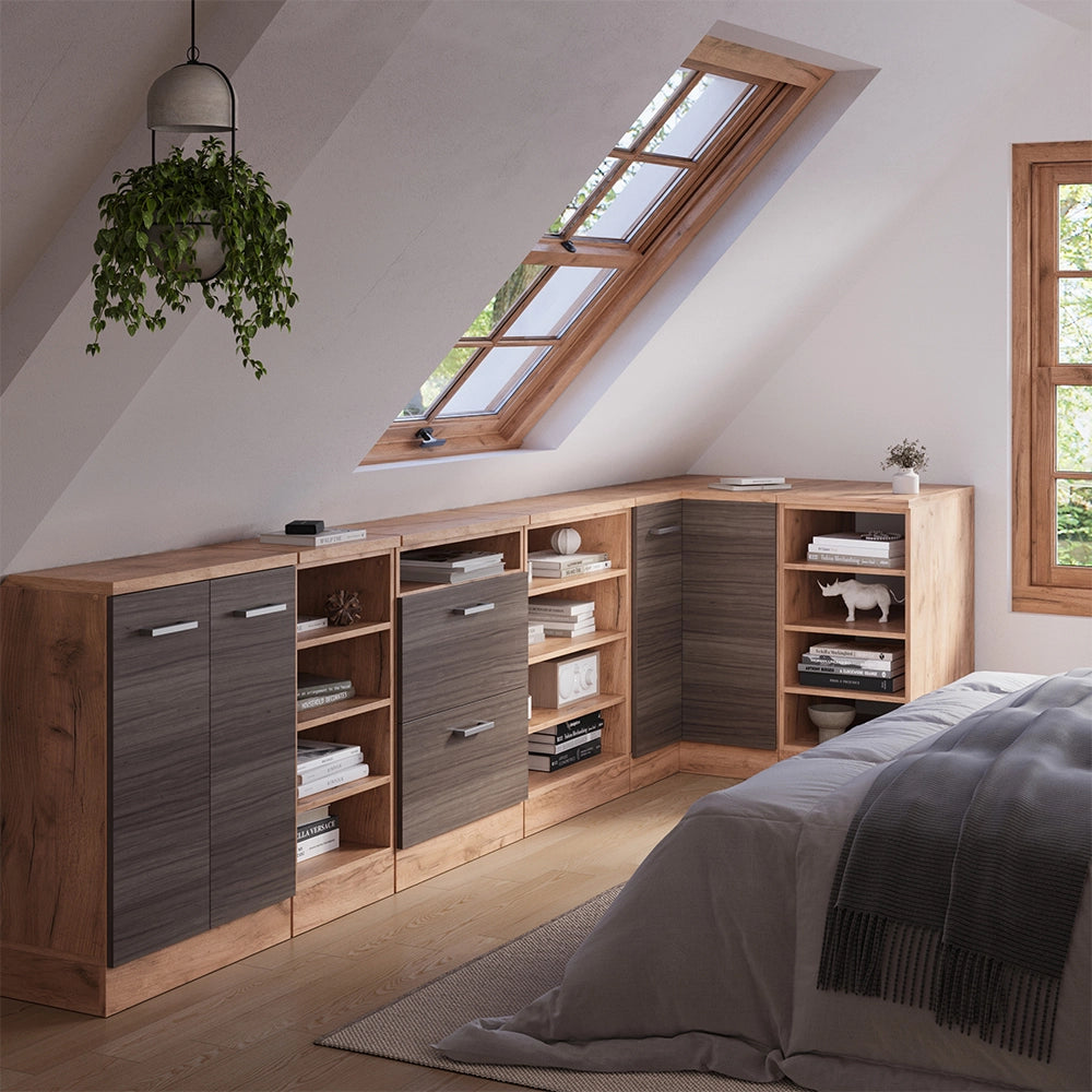 Mobile cucina angolare per sottotetto R-Line Grigio nobile/Rovere dorato 75.6 cm con 1 porta, carcassa dell’armadio profondità 60 cm Vicco