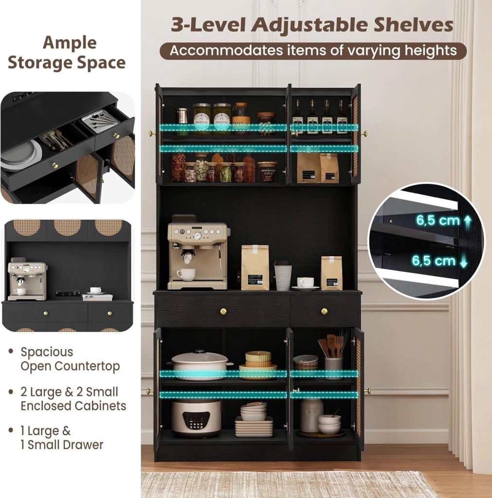 Credenza Alta da Cucina con Stazione di Ricarica, Armadio Dispensa con 2 Cassetti e Ante, Mobile Buffet con Ripiani Regolabili, per Sala da Pranzo, Soggiorno, 100 x 40 x 180 cm (Nero)